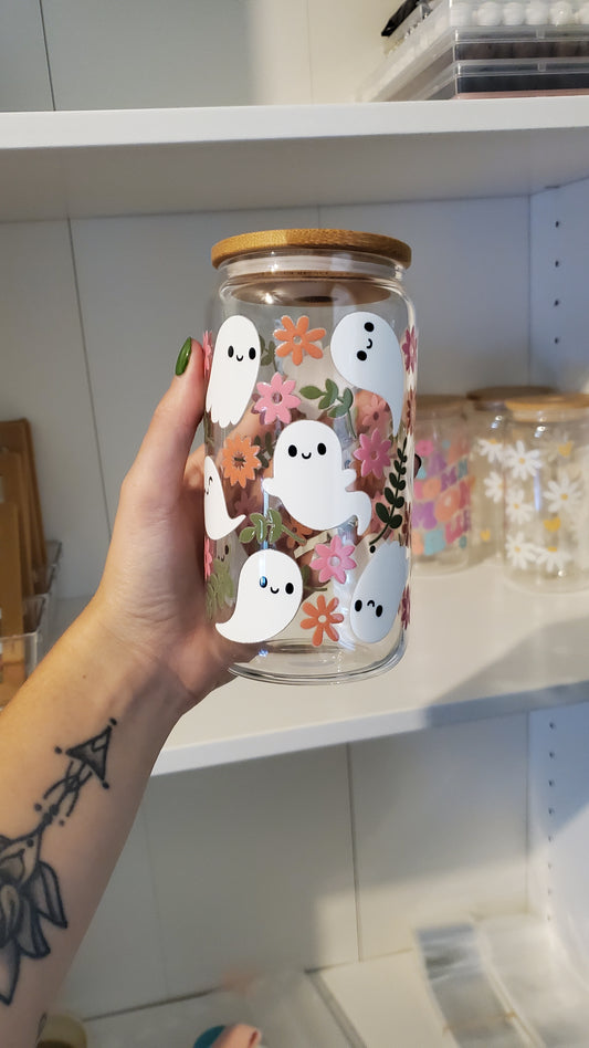 Floral Ghost 16oz Glass Cup